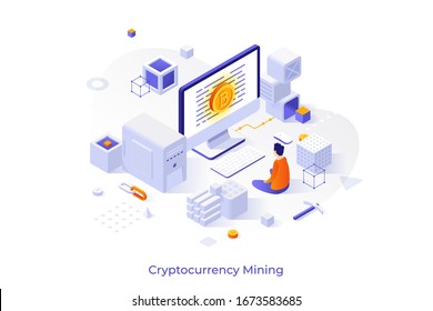 Concept with man or miner sitting in front of computer with bitcoin on screen. Cryptocurrency mining, blockchain technology service. Modern isometric vector illustration for website.