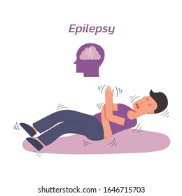 concept of man shaking by epilepsy symptom, seizure, disease, brain symbol, character cartoon flat vector illustration