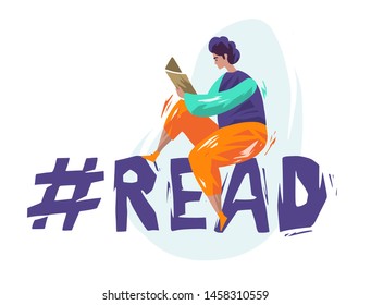 Concept with man sitting on the letters and reading book. Hand-drawn flat style. Vector illustration.