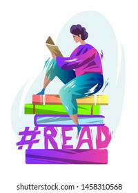 Concept with man sitting on the letters and reading book. Hand-drawn flat style. Vector illustration.