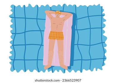 The concept of a man swimming in a pool on a mattress. Vector illustration in flat style