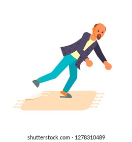 Concept of the man tripped over the edge of the carpet and falls isolated on white background. Vector illustration eps 10