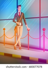 Concept of man waiting holding mug of hot coffee. Vector illustration