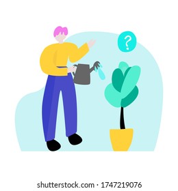 Concept man watering a potted plant and wonders. The topics covered are savings growth, personal growth, floriculture, hobbies, life cycle. Vector graphics. Bright colors. Flat.