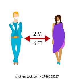 concept man and woman in medical masks between them distance pointer two meters flat people isolated on white background