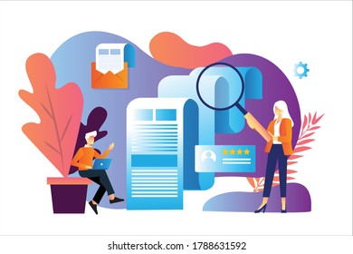 concept of man working on laptop and female hold a big loop to review a resume for recruitment for job 