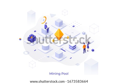 Concept with man working on laptop computer and network of cubic blocks. Cryptocurrency mining pool service or technology advertisement. Modern isometric vector illustration for webpage.