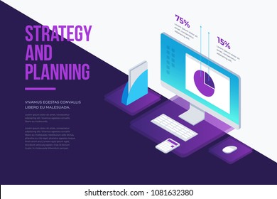 Concept for management and business strategy. Analysis data and Investment. Business success. Modern business working elements, digital marketing. 3d isometric design. Vector flat illustration.