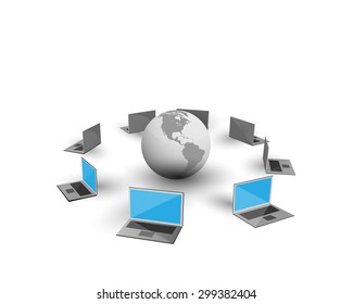 Concept of management information systems, Vector illustration of Laptops connecting each other and sharing data through a global network