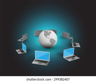 Concept of management information systems, Vector illustration of Laptops connecting each other and sharing data through a global network