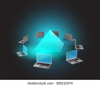 Concept of management information systems, Vector illustration of Laptops connecting each other sharing data through a network
