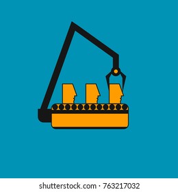 Concept of management, standardization of people. Human heads on line. Corporate culture, dress code. Robots, robotics. Vector illustration.
