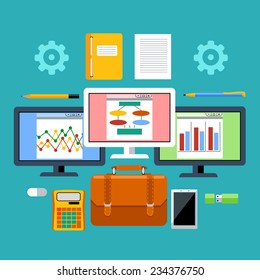 Concept for management tools with analytic graphics on LCD monitors, digital tablet, calculator, leather briefcase and stationery in flat design