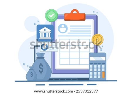Concept of Managing financial transactions online, Cloud based accounting software, Internet banking, Tax management software, vector illustration background with icons.