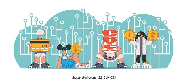 The concept of managing interaction with digital monetary assets. People interact with bitcoin.