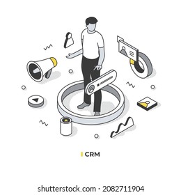 Concept of managing relationship and interactions with customers. Manager optimizes daily tasks to satisfy customers needs and increase sales.  Vector isometric illustration