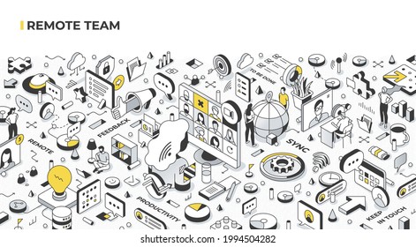 Concept Of Managing Remote Team. Group Of People Work Together On A Project From Different Locations And Various Time Zones. Abstract Isometric Illustration For Hero Images And Web Banners