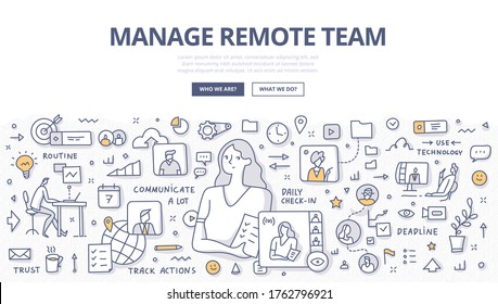 Concept Of Managing Remote Team. Woman Leader Keeping In Touch With A Team Using Online Communication Tools. She Giving Tasks And Sets Deadlines And Goals. Doodle Illustration Of Modern Communication