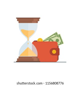 The concept of managing your time and money. Time is money or time to pay. Financial planning, deadline and time management, payment day. Vector illustration.