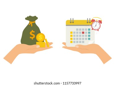 The concept of managing your time and money. Time is money or time to pay. Financial planning, deadline and time management, payment day. Vector illustration.