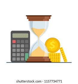 The concept of managing your time and money. Time is money or time to pay. Financial planning, deadline and time management, payment day. Vector illustration.