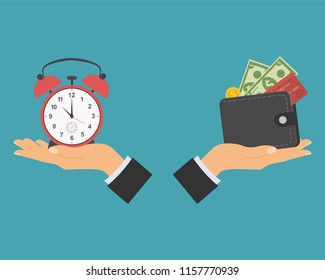 The concept of managing your time and money. Time is money or time to pay. Financial planning, deadline and time management, payment day. Vector illustration.