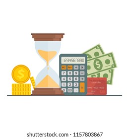 The concept of managing your time and money. Time is money or time to pay. Financial planning, deadline and time management, payment day. Vector illustration.
