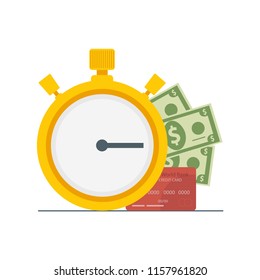 The concept of managing your time and money. Time is money or time to pay. Financial planning, deadline and time management, payment day. Vector illustration.