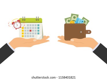 The concept of managing your time and money. Time is money or time to pay. Financial planning, deadline and time management, payment day. Vector illustration.