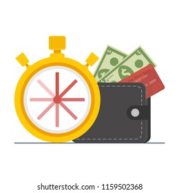 The concept of managing your time and money. Time is money or time to pay. Financial planning, deadline and time management, payment day. Vector illustration.