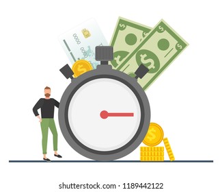 The concept of managing your time and money. Time is money or time to pay. Financial planning, deadline and time management, payment day. Vector illustration.