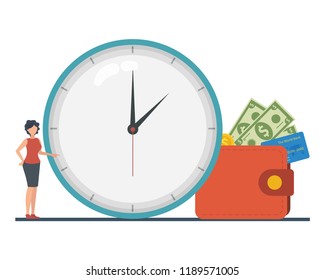 The concept of managing your time and money. Time is money or time to pay. Financial planning, deadline and time management, payment day. Vector illustration.