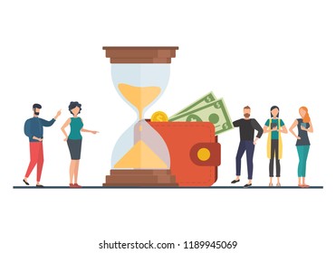 The concept of managing your time and money. Time is money or time to pay. Financial planning, deadline and time management, payment day. Vector illustration.