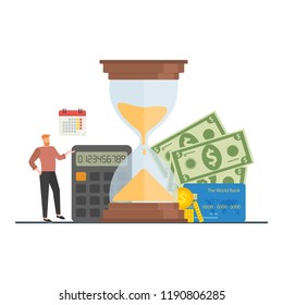 The concept of managing your time and money. Time is money or time to pay. Financial planning, deadline and time management, payment day. Vector illustration.