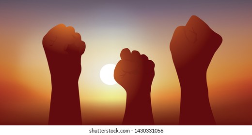 Concept of manifestation and expression of people’s discontent, with fists raised in opposition to a political choice.