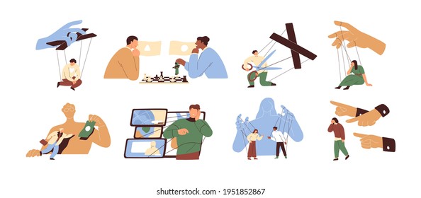 Concept of manipulation and control over people. Puppet masters' hands influencing marionettes and manipulating human slaves. Colored flat graphic vector illustration isolated on white background