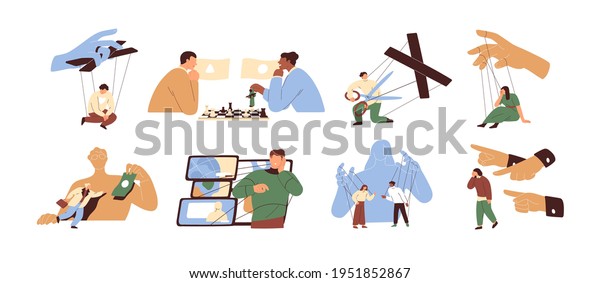 Concept of manipulation and control over\
people. Puppet masters\' hands influencing marionettes and\
manipulating human slaves. Colored flat graphic vector illustration\
isolated on white\
background