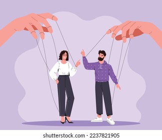 Concept of manipulation. Man and woman on ropes. Violence and aggression, management and puppets. Psychological problems and mental health. Poster or banner. Cartoon flat vector illustration