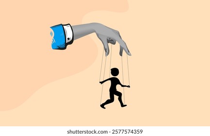 Concept of manipulation and micromanagement. Puppet Master controlling Silhouette of businessman