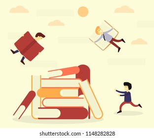 The concept of man's flight through reading books. Vector illustration.