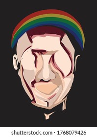 The concept of a man's head with an abstract skin color with a rainbow over his head with a black background