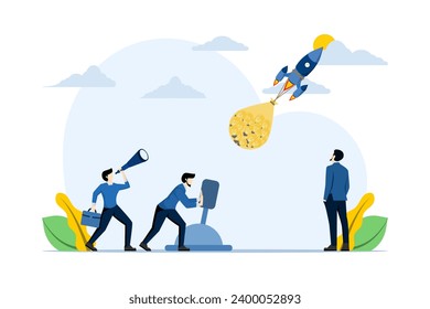 Concept of many ideas for starting a business. The process of starting a business project, ideas through planning and strategy, time management. an idea carried by many rockets. vector illustration.