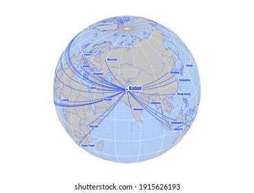 Concept map for Afghan refugees. Globe centered to Kabul, Afghanistan. Vector map showing Kabul, Afghanistan's position on the world map, and its connections with other major cities.