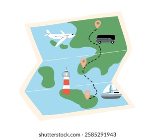 The concept of a map with an airplane drawn in a flat style. Travel around the world, flight, rest. Hand drawn vector illustration.
