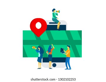 concept map illustration, flat style, gps system, cartography display, location on the city map, navigation in the smartphone and tablet