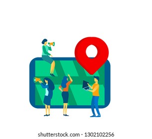 concept map illustration, flat style, gps system, cartography display, location on the city map, navigation in the smartphone and tablet