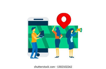 concept map illustration, flat style, gps system, cartography display, location on the city map, navigation in the smartphone and tablet