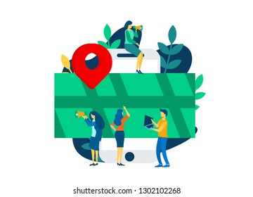 concept map illustration, flat style, gps system, cartography display, location on the city map, navigation in the smartphone and tablet