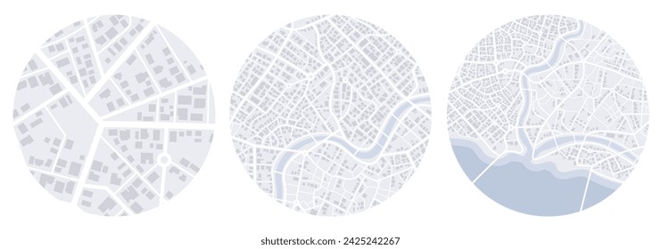 Concept of map set navigation. View from above the map buildings. Detailed view of city. Simple scheme of city. Colored flat, editable vector illustration