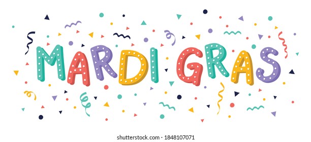 Concept of Mardi Gras typography with hand drawn decorations. Vector